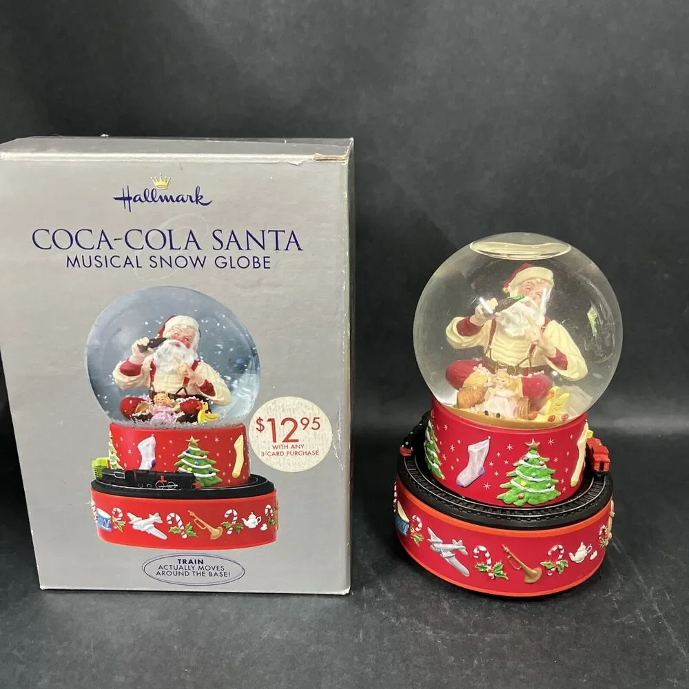 VTG Hallmark 2001 Coca-Cola Santa Christmas Musical Snow Globe Train Moves W/box